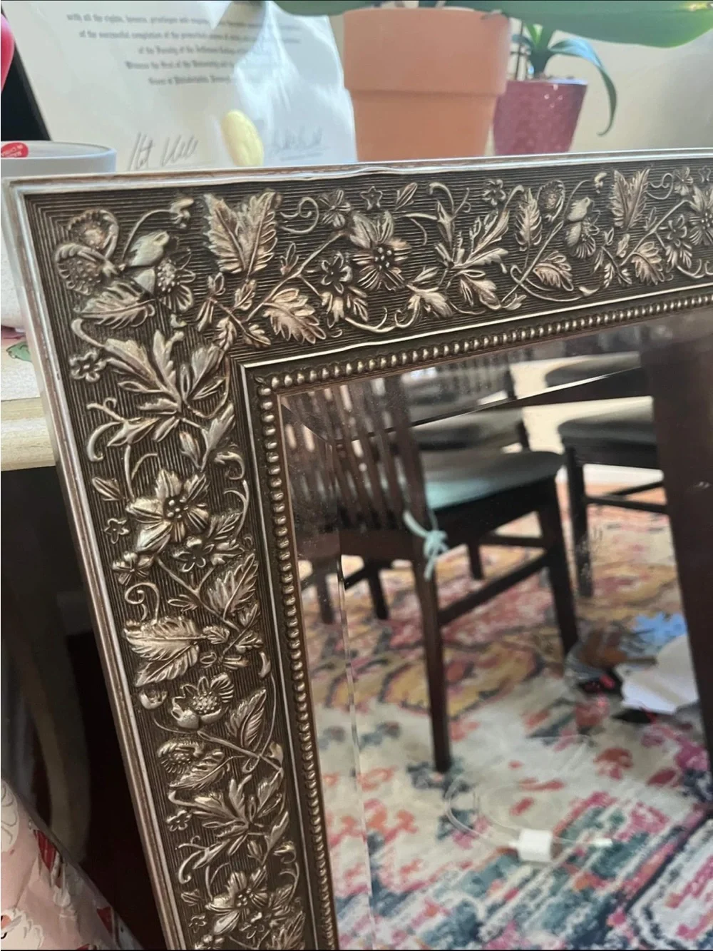 Ornate Silver Floral Framed Wall Mirror - Antique Mirror
